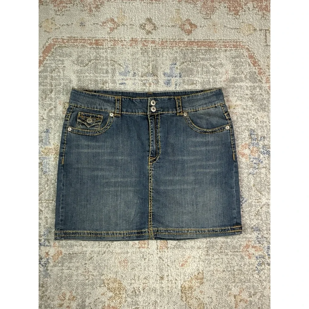 VTG Y2K Goodtime Jeans Denim Mini Skirt Thick Stitch Low Rise Plus Size 2XL